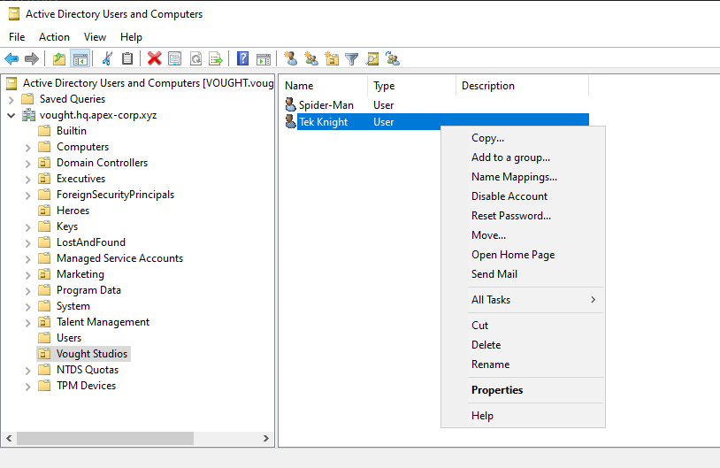Active Directory Users and Computers on vought.hq.apex-corp.xyz showing VOUGHT Studios OU with users